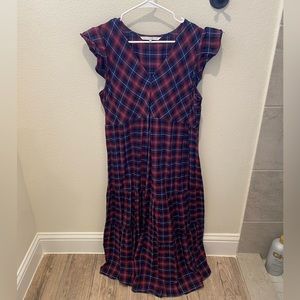 The Nines HATCH Purple Plaid Short Sleeve Tiered Maternity Dress